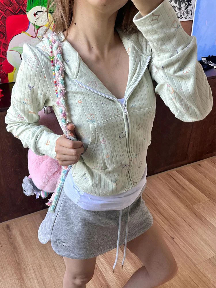 Sweet Print Zip-up Cropped Hoodie Woman Autumn Slim Long Sleeve Cotton Crop Top Preppy Style Streetwear Cute Sweatshirts Top Y2K