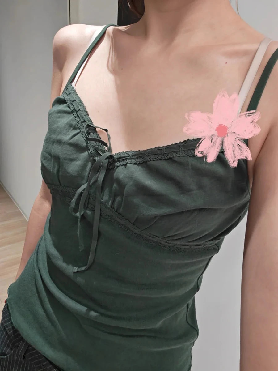 Solid Lace-up V-neck Tank Tops Women Summer Casual Lace Trim Cotton Slim Sleeveless Vests Cute Sweet Preppy Style Camisole Y2K