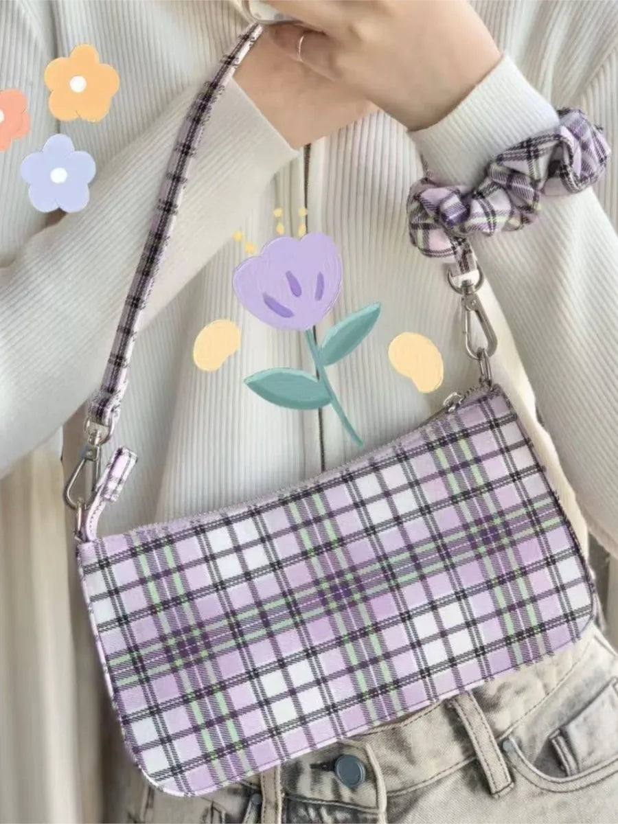 Sweet Purple Plaid Shoulder Bag Preppy Style High Zipper High Quality Ladies Bags New Vintage Streetwear Preppy Style Handbags
