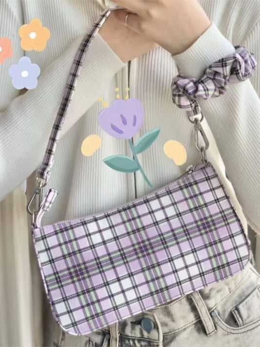 Sweet Purple Plaid Shoulder Bag Preppy Style High Zipper High Quality Ladies Bags New Vintage Streetwear Preppy Style Handbags