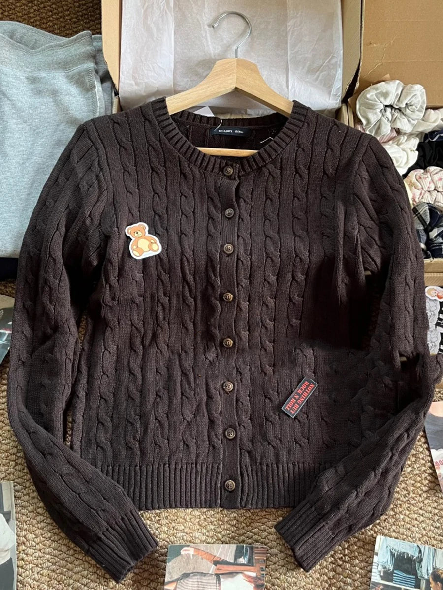 Solid Knit Twist Sweater Coat Women Autumn  O-neck Button Loose Casual Solid Jumper Tops Vintage Harajuku Y2K Chic Cardigan