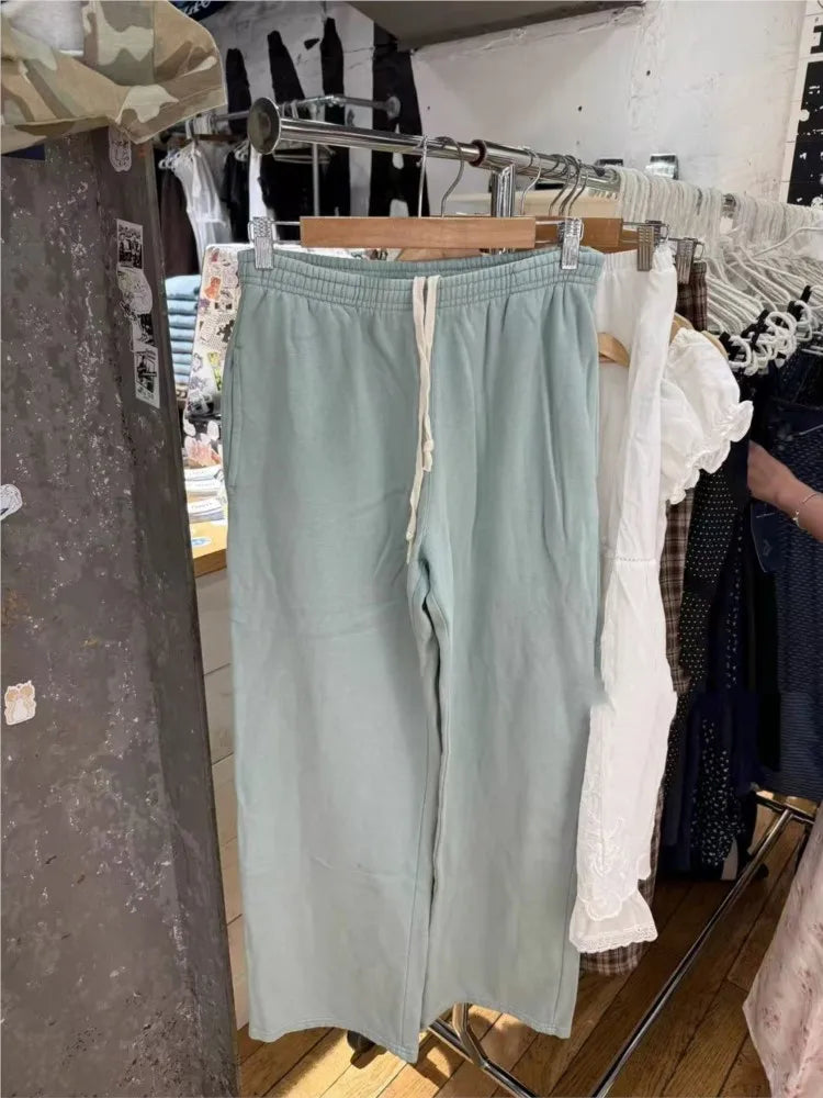 Yellow Cute Drawstring Straight Sweatpants Women New Elastic Waist Cotton Loose Trousers Casual Preppy Style Sport Long Pant Y2K
