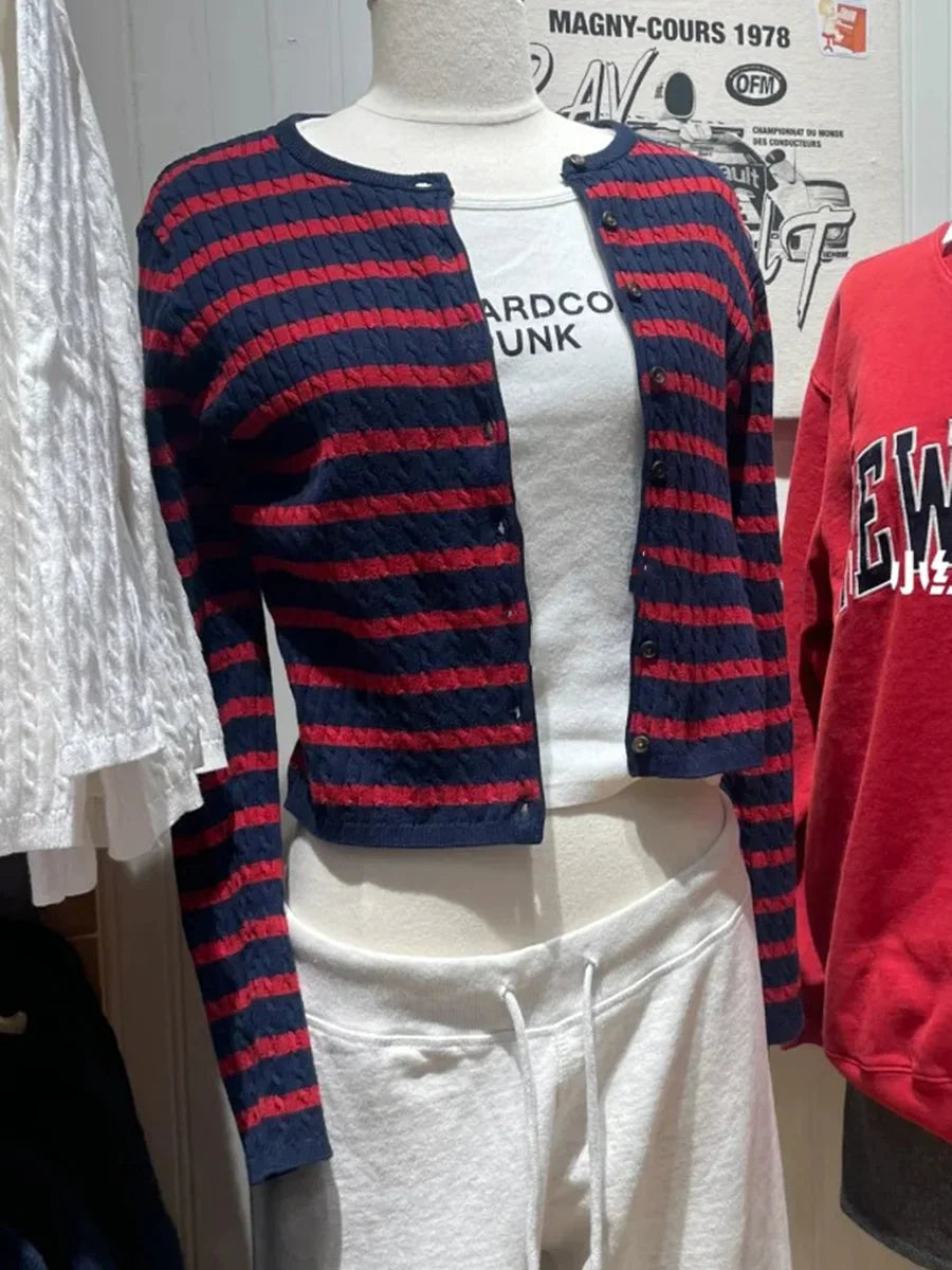 Red Black Striped Twist O-neck Knitted Sweaters Cardigan Women Cotton Casual Street Jumper Coat Harajuku Vintage Chic Cardigant