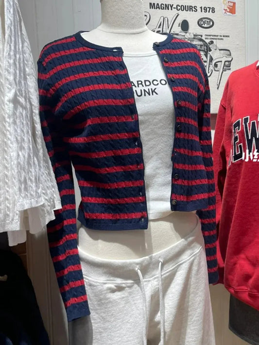 Red Black Striped Twist O-neck Knitted Sweaters Cardigan Women Cotton Casual Street Jumper Coat Harajuku Vintage Chic Cardigant