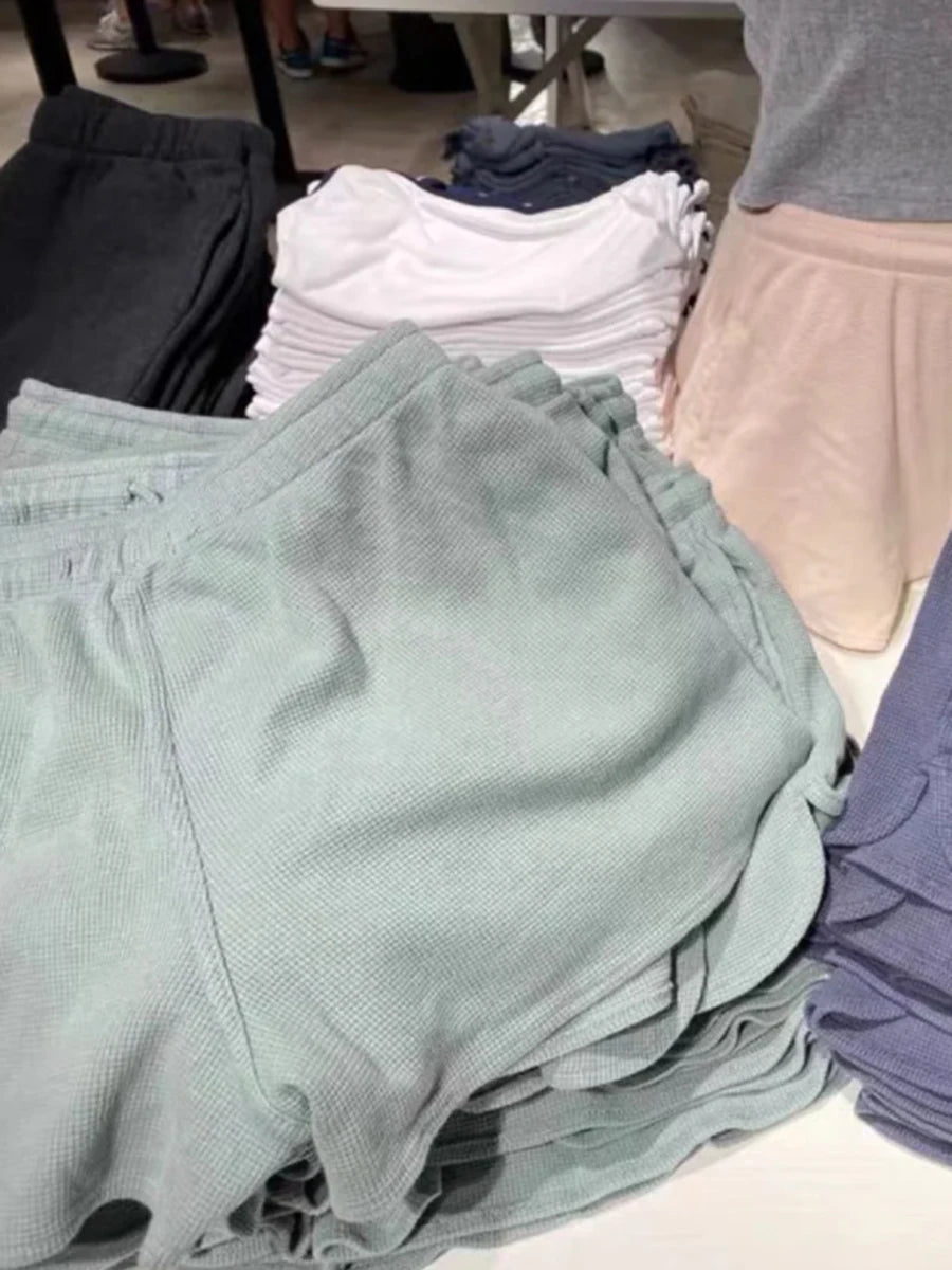 Sweet Pink Waffle Sports Shorts Women New Casual Pockets Drawstring Elastic High Waist Short Cute Preppy Style Short Pants Y2K