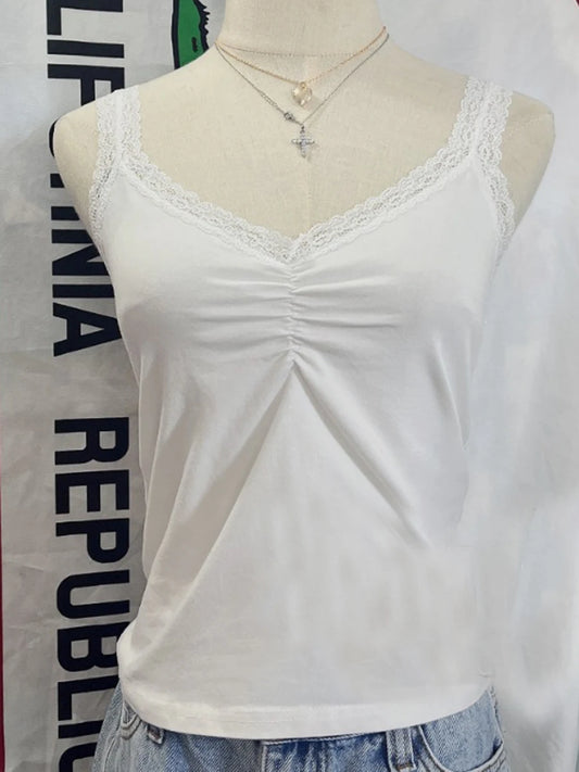 Sweet Folds Lace Trim Solid Tank Top Female Summer New Casual Streetwear Cotton Sleeveless Vests Ladies Vintage Chic Camis Y2K