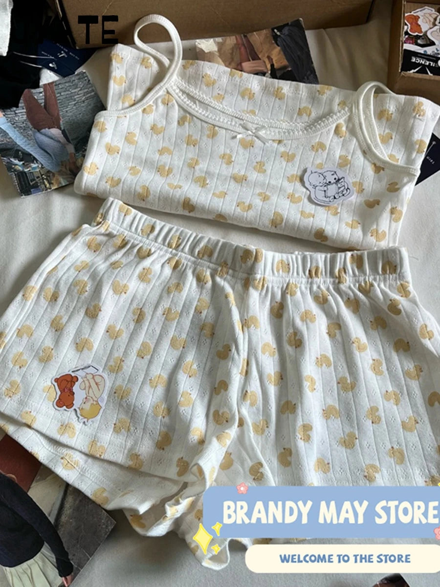 Cute Little Duck Bow Tank Tops Women Summer New Cotton Soft Chic Slim Eyelet Sleeveless Vests Sweet Casual Vintage Camisole Y2K