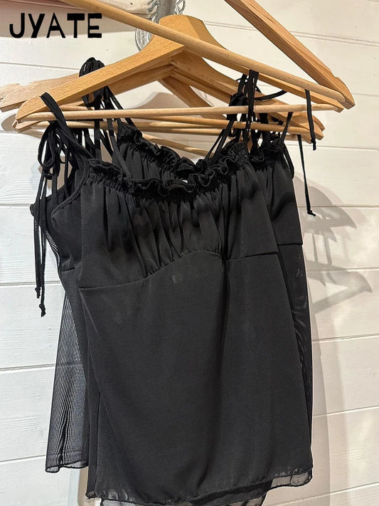 Harajuku Sexy Mesh Sheer Ruffle Tank Tops Women Summer Casual Lace-up Folds Shoulder Straps Vest Vintage Sweet Chic Camisole Y2K