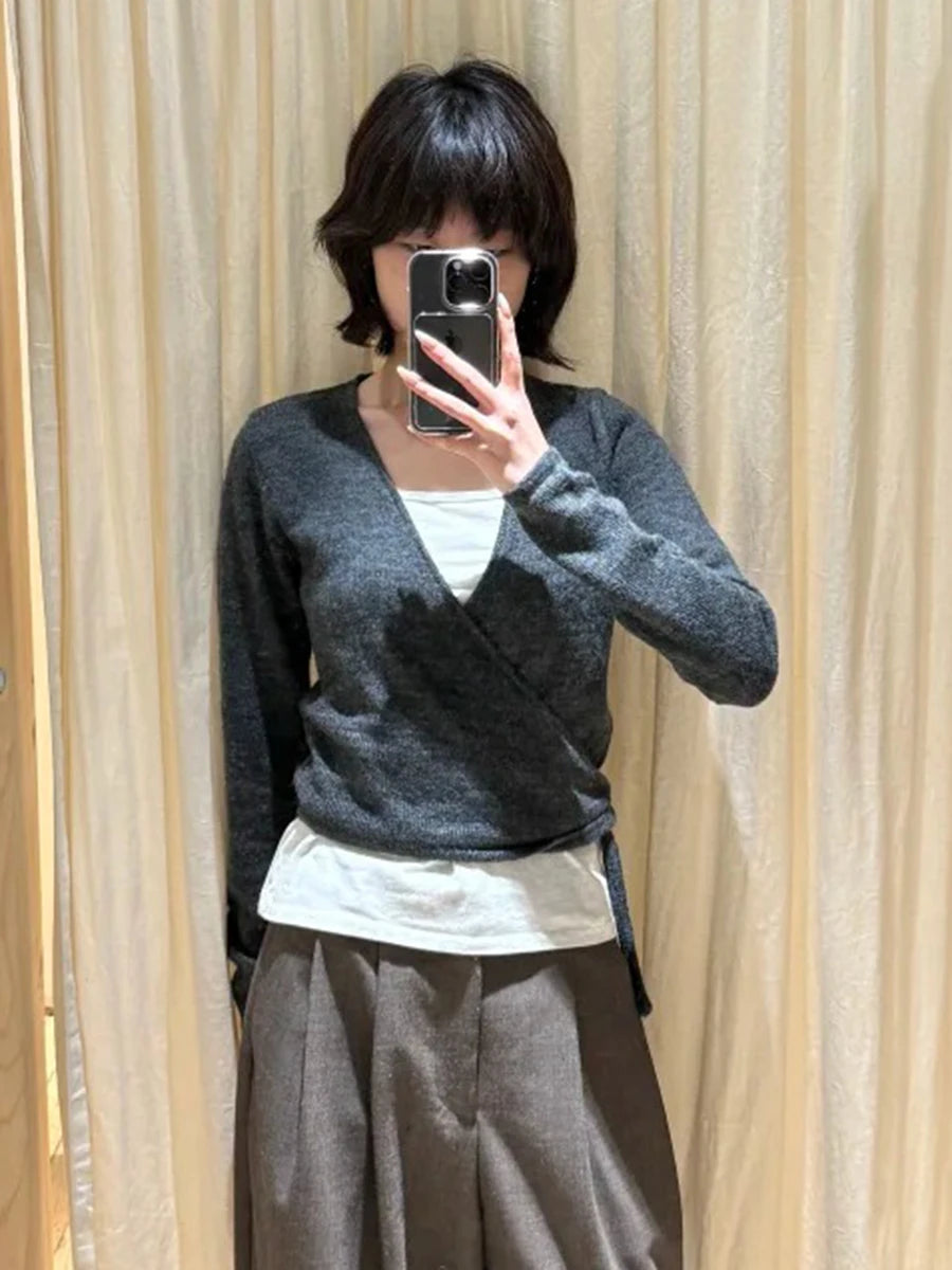 Lace-up Knitted Mohair Sweater Cardigan Women Autumn V-neck Long Sleeve Cute Sweaters Preppy Style Knitwear Crop Tops