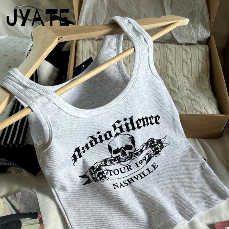 Harajuku Skull Print Ribbed Sleeveless Vests Women Summer New Cotton Streetwear Casual Camis Clothes Vintage Chic Y2K Tank Tops