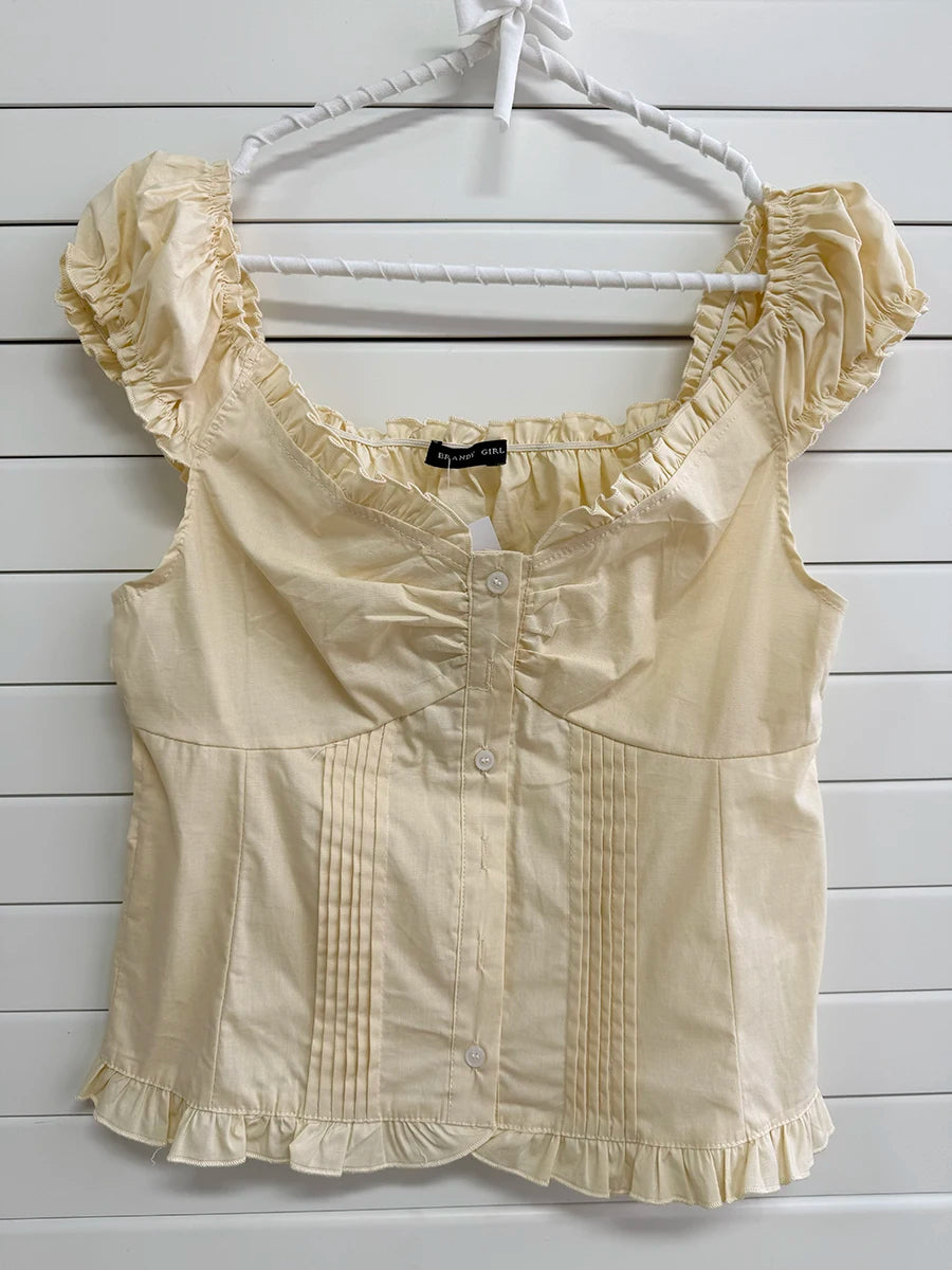 Collection Folds Blouse Tees Women Casual Single Breasted Ruffle Sleeveless Tank Tops Sweet Vintage Preppy Style Camisole Y2K