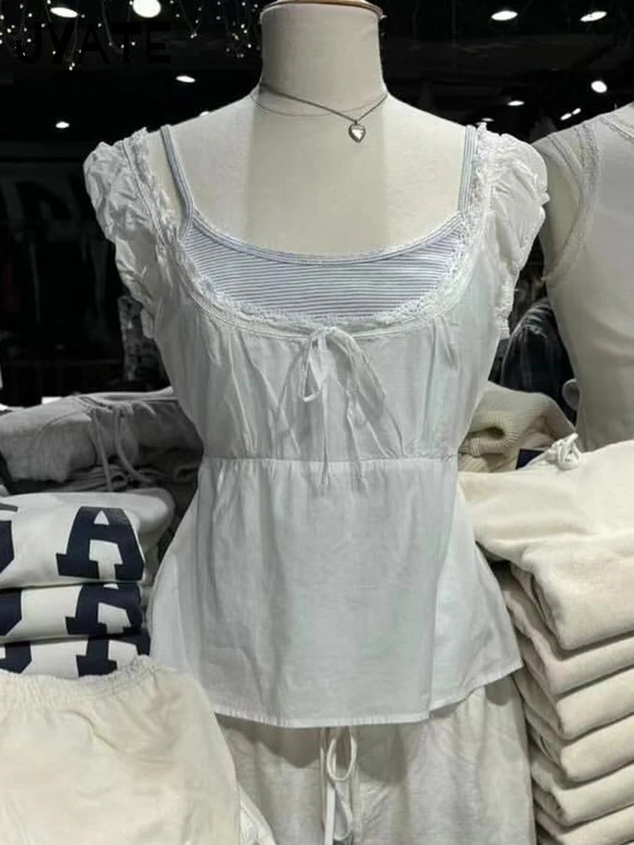 New Lace Trim Strap Cotton Short Sleeve Tees Female Casual Simple Sexy White Crew Neck Tops Clothes Sweet Cute Chic T-shirts Y2K