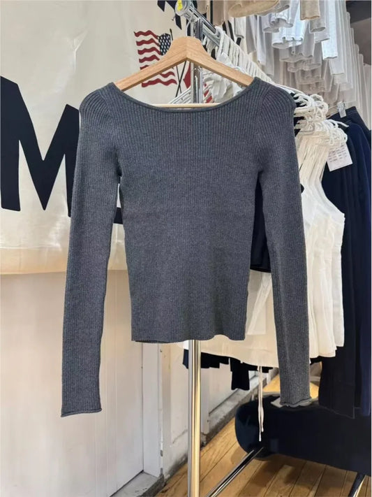 Fashion Gray Knitted T-shirts Women Autumn New Cotton Slash Neck Long Sleeve Slim Jumper Preppy Style American Sweaters Y2K Tops