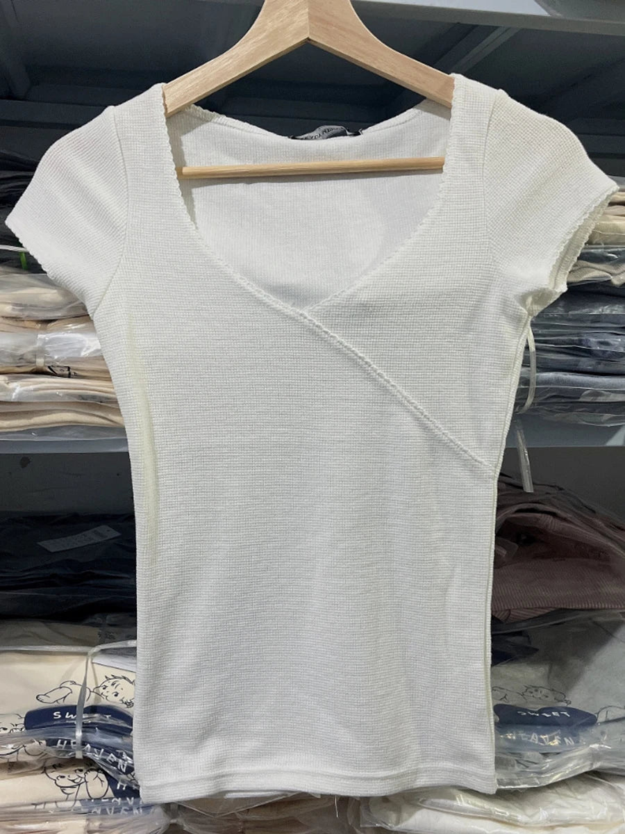 Sweet Crew Neck Solid Short Sleeve Tees Women Summer New Cotton Soft Casual Streetwear Chic Tops Vintage Cute Harajuku T-shirts