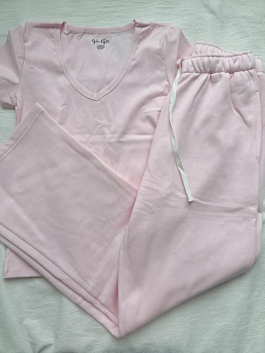 Sweet Pink Basic T-shirt Pant Sets Women New Casual O-neck Short Sleeve Tee+Straight Sweatpant Cute Preppy Style 2 Piece Set Y2K