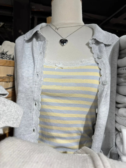 Simple Gray Pocket Babydoll Top Cardigan Women Autumn New Peter Pan Collar Cotton Knitted JumperPreppy Style  Sweet Cute Sweater