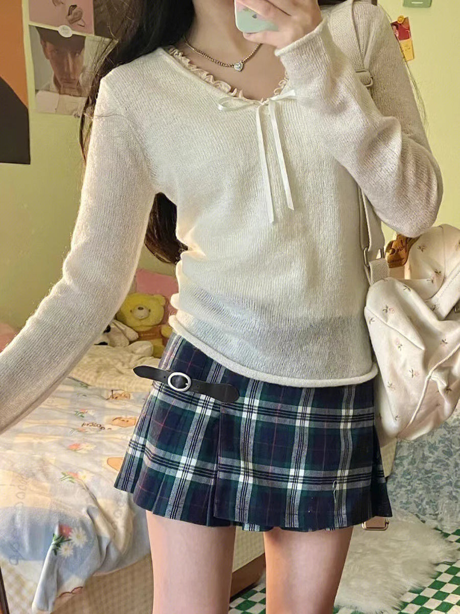 Sweet Beige Knit V-neck Long Sleeve Tees Women Autumn New Cotton Slim Chic Raw Hem Simple Tops Female Vintage Basic Y2K T-shirts
