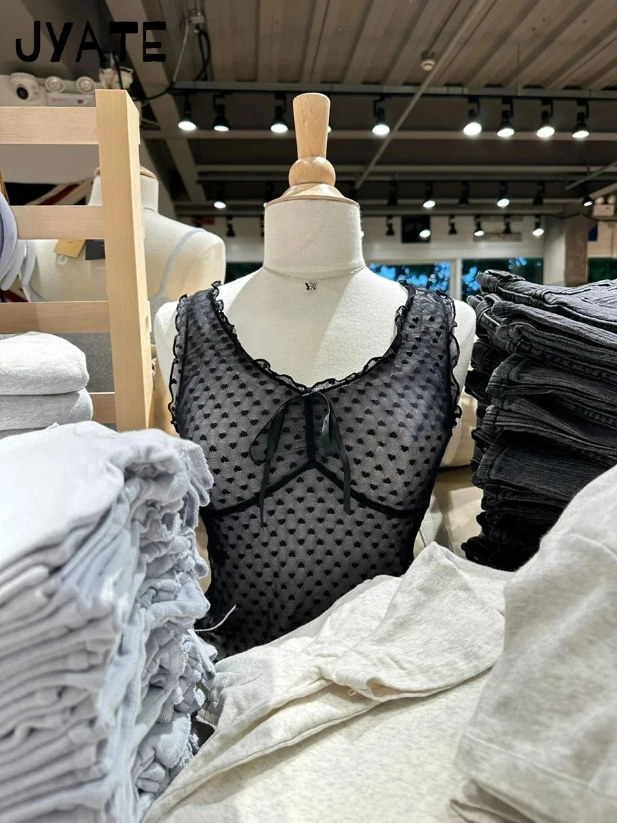 Hearts Mesh Thin Lace-up Tank Tops Women 2024 New Jacquard Transparent Sexy Slim V-neck Vests Vintage Sweet Bow Chic Camis Y2K