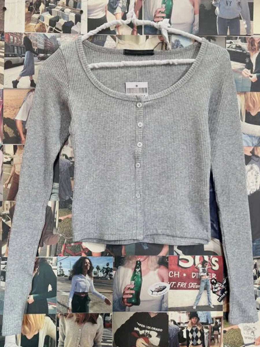 Simple Basic Cotton Ribbed Gray Crop Tops Women New Buttons Casual O-neck Long Sleeve Tee Female Harajuku Slim Y2K Chic T-shirts