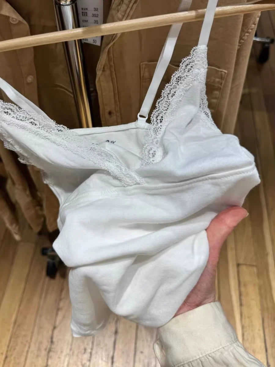 White Lace Trim V-neck Camisole Women Summer Casual Ribbed Cotton Soft Sleeveless Vests Sweet Cute Preppy Style Tank Tops OOTDS