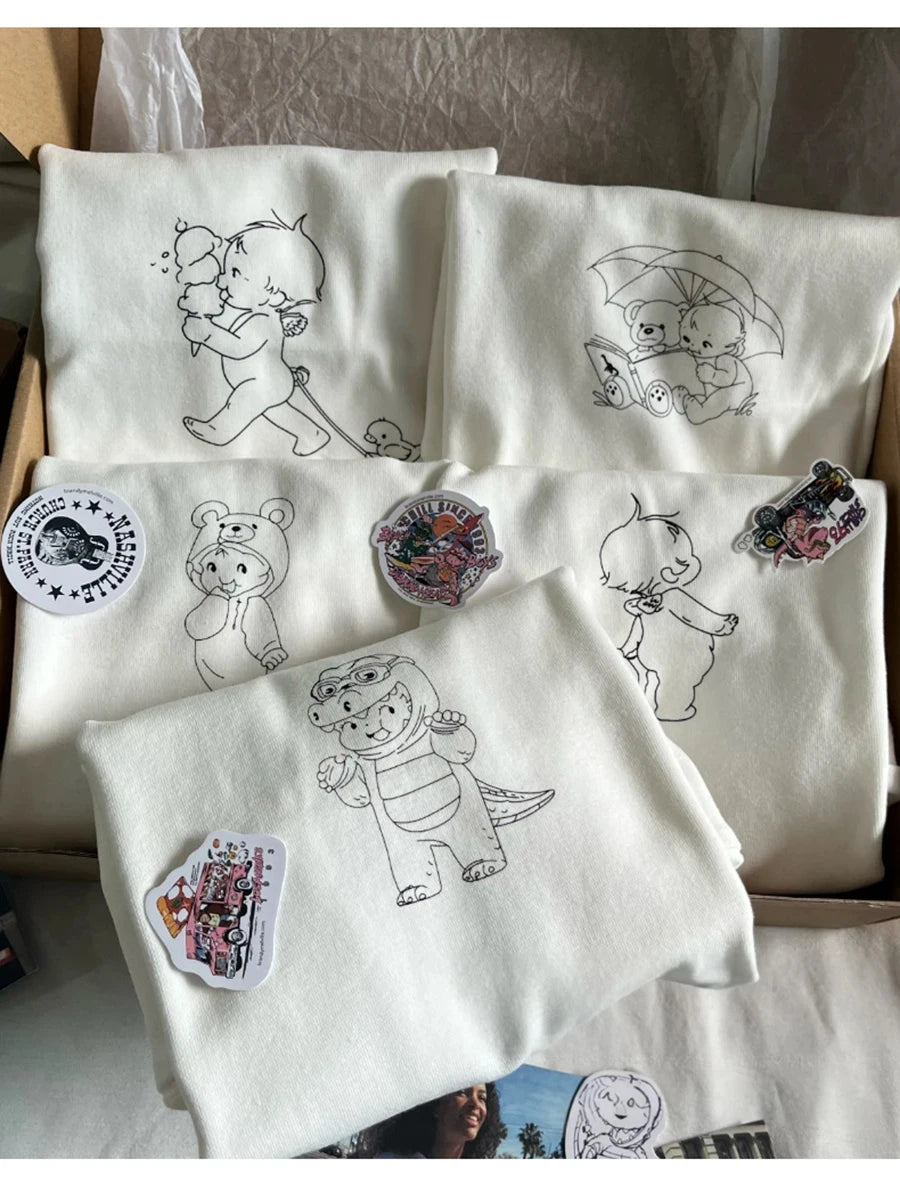 Cute Cartoon Angel Print White Crop Tops Women Casual Simple O-neck Slim Cotton Short Sleeve Tees Female Sweet Vintage Chic Y2K
