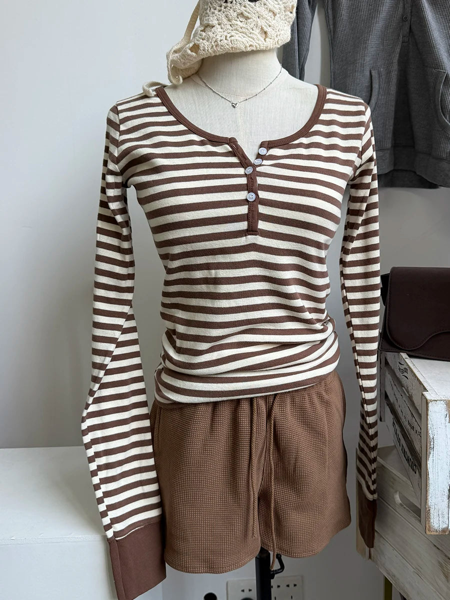 Brown Chic 2 Piece Sets Women Cute Cotton Slim Striped Long Sleeve Tee+Waffle Shorts Pant Female Sweet Cute Two Piece Sets Y2K