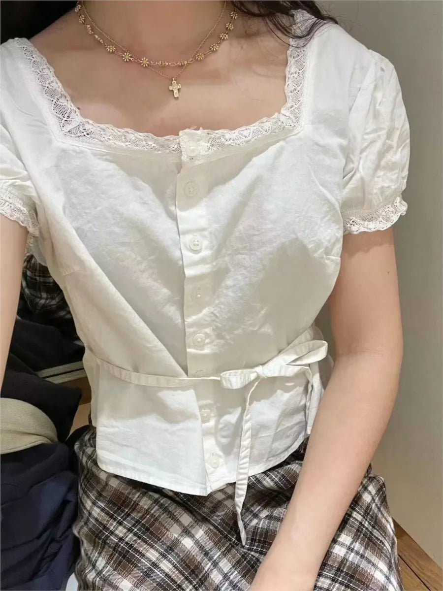 Lace Trim White Buttons Short Sleeve Tees Women Casual Back Lace-up Streetwear Shirt Tops Sweet Chic Preppy Style T-shirts New