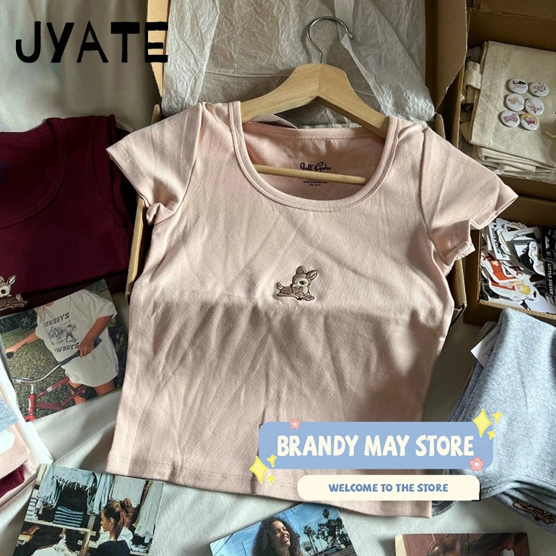Little Deer Embroidery Crop Tops Women New Cotton Soft Casual Simple Cute Slim Short Sleeve Tees Preppy Style Sweet T-shirts Y2K