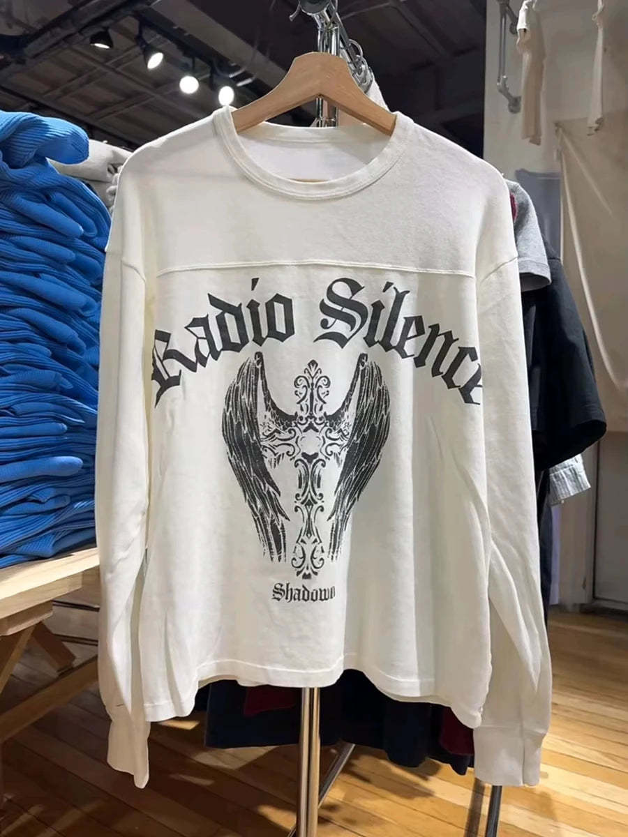 Wing Letter Print T-shirt Woman Spring O-neck Cotton White Long Sleeve Tshirt Female Vintage Streetwear Preppy Style Tee Tops