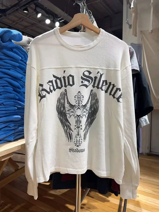 Wing Letter Print T-shirt Woman Spring O-neck Cotton White Long Sleeve Tshirt Female Vintage Streetwear Preppy Style Tee Tops
