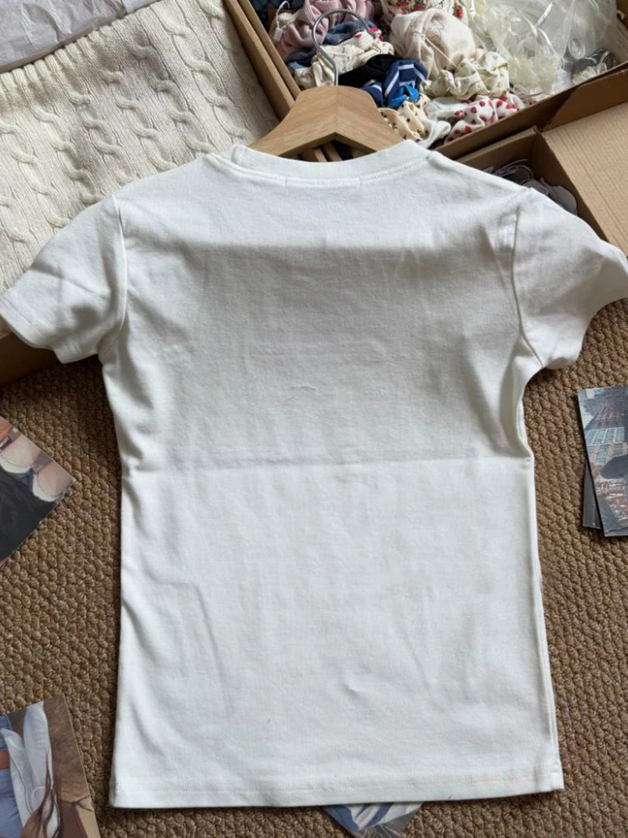 White Letter Embroidery Slim T-shirts Woman's Summer O-neck Short Sleeve Cotton Tee Shirts Female Casual Sweet All-match tshirt
