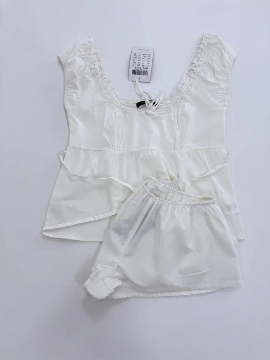 White Lace Trim T-Shirt Shorts Set Women Summer Lace-up Puff Sleeve Blouse+Elastic Waist Short Pants Sweet Simple 2 Piece Sets