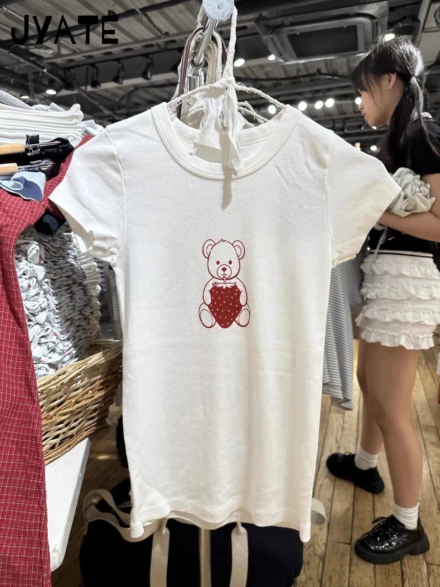 Strawberry Bear Print T-shirts Women Summer Casual Preppy Style Cotton Slim Short Sleeve Tees Sweet Cute Vintage Tops Clothes