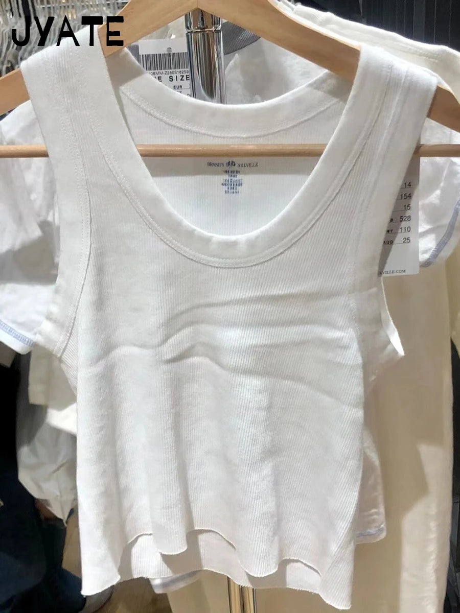 Simple Ribbed U-neck Crop Tops Women New Cotton Casual Slim Preppy Style Sleeveless Cropped Vest Vintage Basic Chic Tank Top Y2K