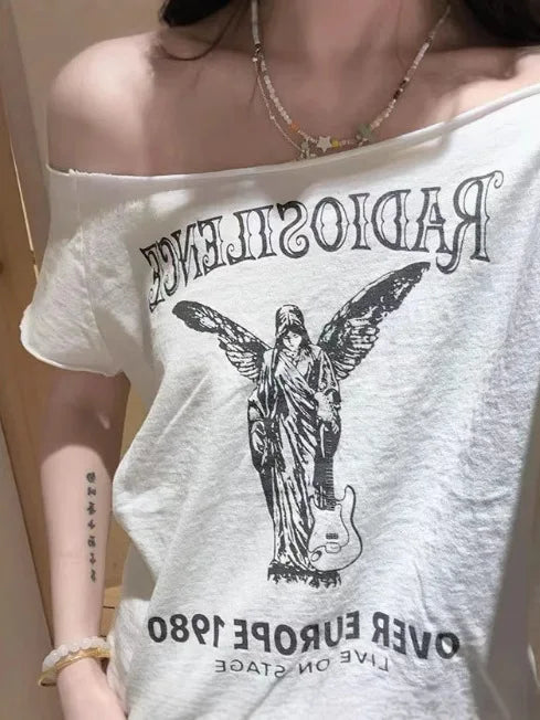 Alaska Puppy Print Cotton T-Shirts Women Sexy Slash Neck Raw Trim Short Sleeve Cropped Tees Shirt Cute Sweet Vintage Crop Tops
