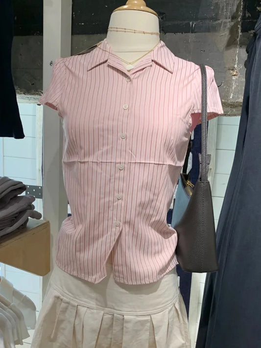 Sweet Pink Striped Blouse Women Summer Casual Streetwear Slim Short Sleeve Buttons T-shirts Cute Preppy Style Tshirt Y2K