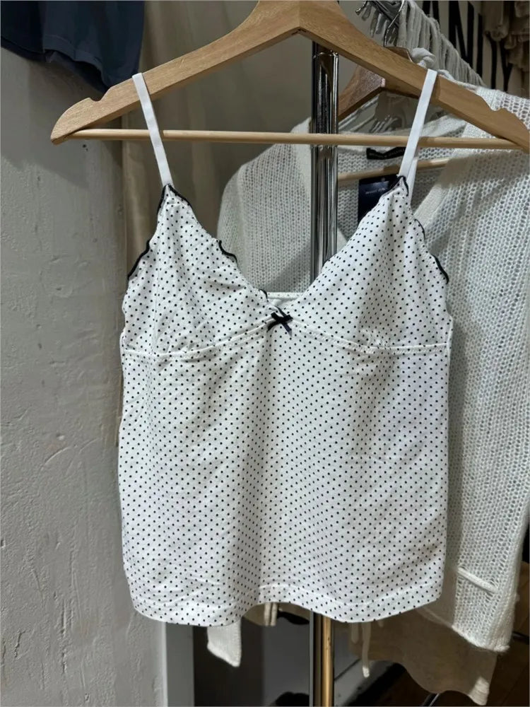 New Black Dot Fungus Trim Bow Crop Top Women Summer Cotton Slim V-neck Sleeveless Camisole Sweet Cute Preppy Style Tank Tops Y2K