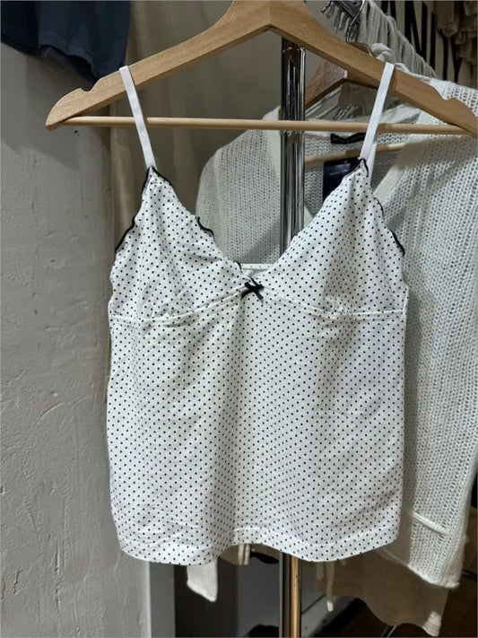 New Black Dot Fungus Trim Bow Crop Top Women Summer Cotton Slim V-neck Sleeveless Camisole Sweet Cute Preppy Style Tank Tops Y2K