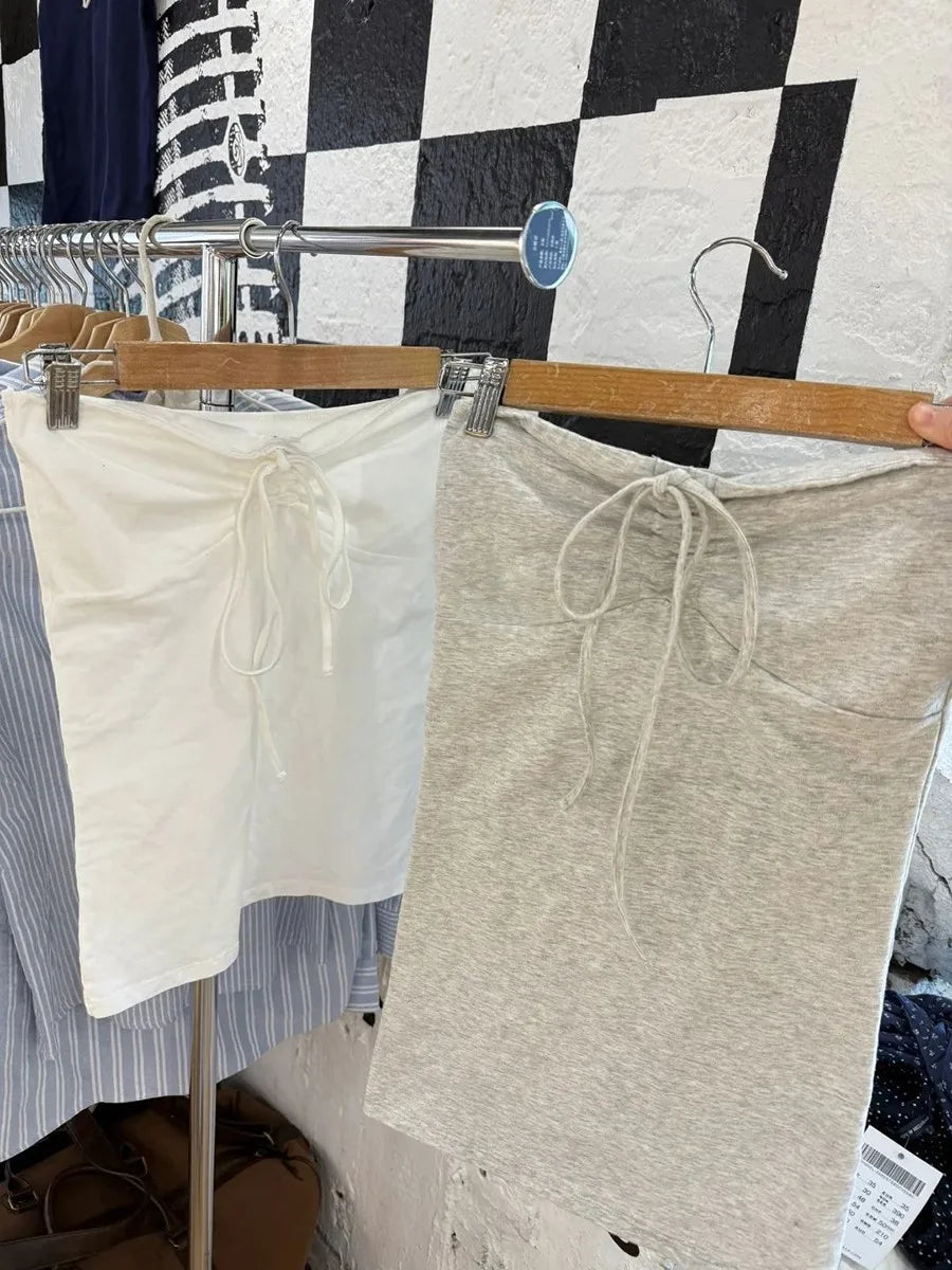 Cute White Drawstring Folds Strapless Tank Top Women Summer Cotton Slim All-match Camis Female Sweet Preppy Style Vest Y2K Tops