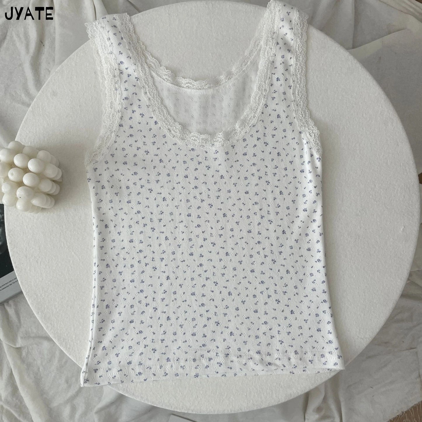 Lace Trim Floral Print Tank Tops Women Summer Cotton Casual Simple U-neck Sleeveless Slim Vests Vintage Sweet Cute Crop Top Y2K
