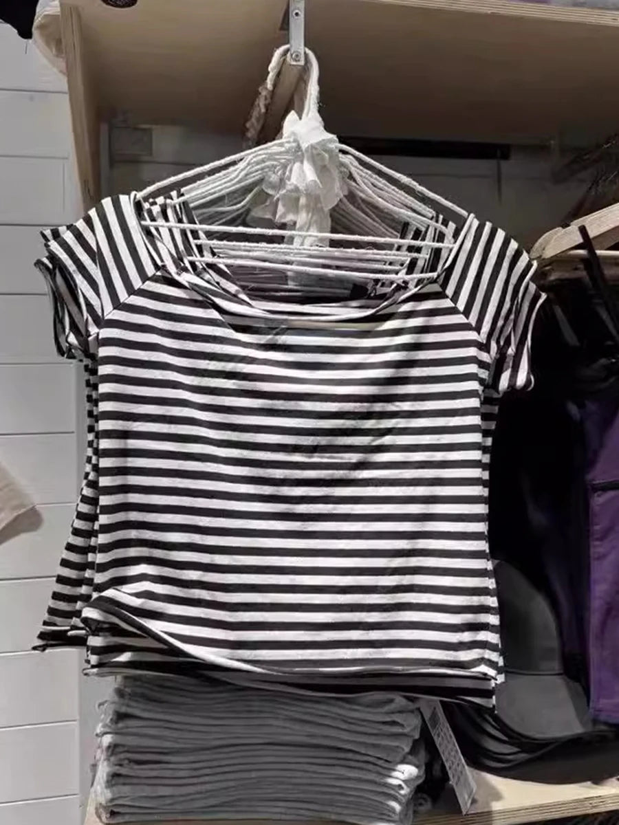 Slash Neck Navy Striped T-shirt Women Summer Raw Hem Slim Cotton Short Sleeve Tees Female Vintage Chic Tshirt Y2K Tops New