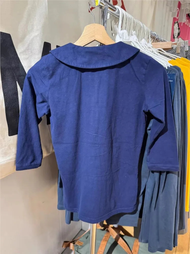 Cute Navy Button BabyDoll Tops Women New Cotton Casual Turn-down Collar Half Sleeve Tees Female Y2K Sweet Preppy Style T-shirts