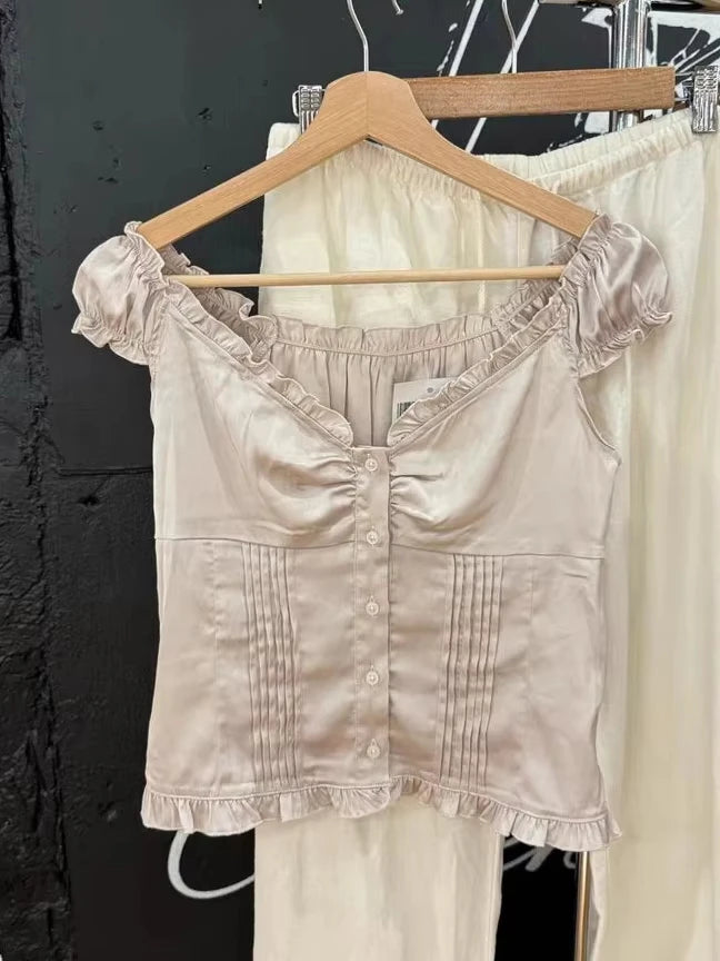 Red Floral Folds Buttons Blouse Vests Women New Casual Single Breasted Ruffle Sleeveless Tank Tops Sweet Cute Elegant Camis OOTD