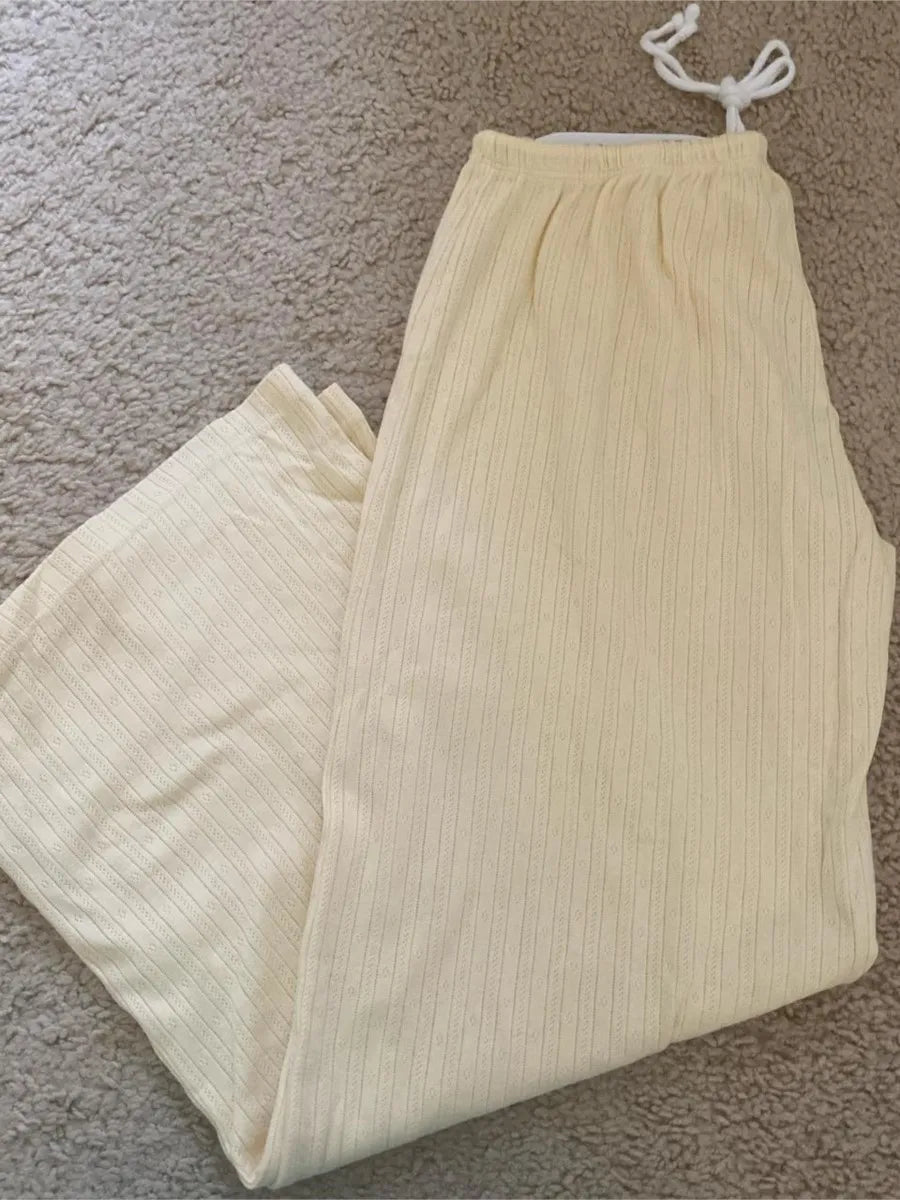 Butter Yellow Eyelet 2 Pieces Sets Women New Cotton Soft Lace Trim Slim Tank Tops+Drawstring Home Long Pant Sweet Pajama Outfits