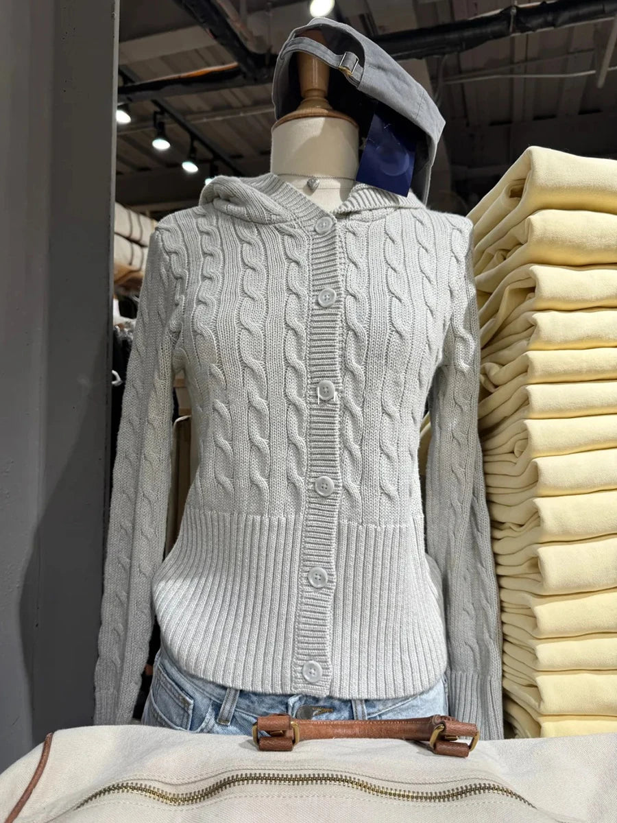 Gray Twist Flower Sweater Cardigan Women Autumn Buttons Slim Hooded Long Sleeve Knitted Hoodie Sweet Cute Preppy Style Sweaters