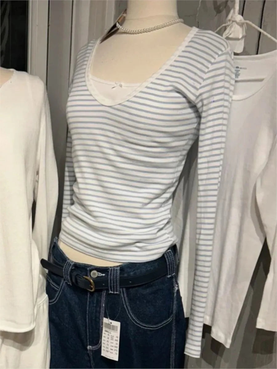 Sweet Blue Striped Long Sleeve T-shirt Women Autumn V-neck Cotton Slim Tee Tops Femme Vintage Streetwear Preppy Style Tshirt New