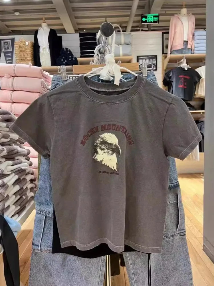 Graphic Print Short Sleeve Tees Women Summer Simple Casual Streetwear Cotton O-neck Slim Tops American Vintage T-shirts Y2K