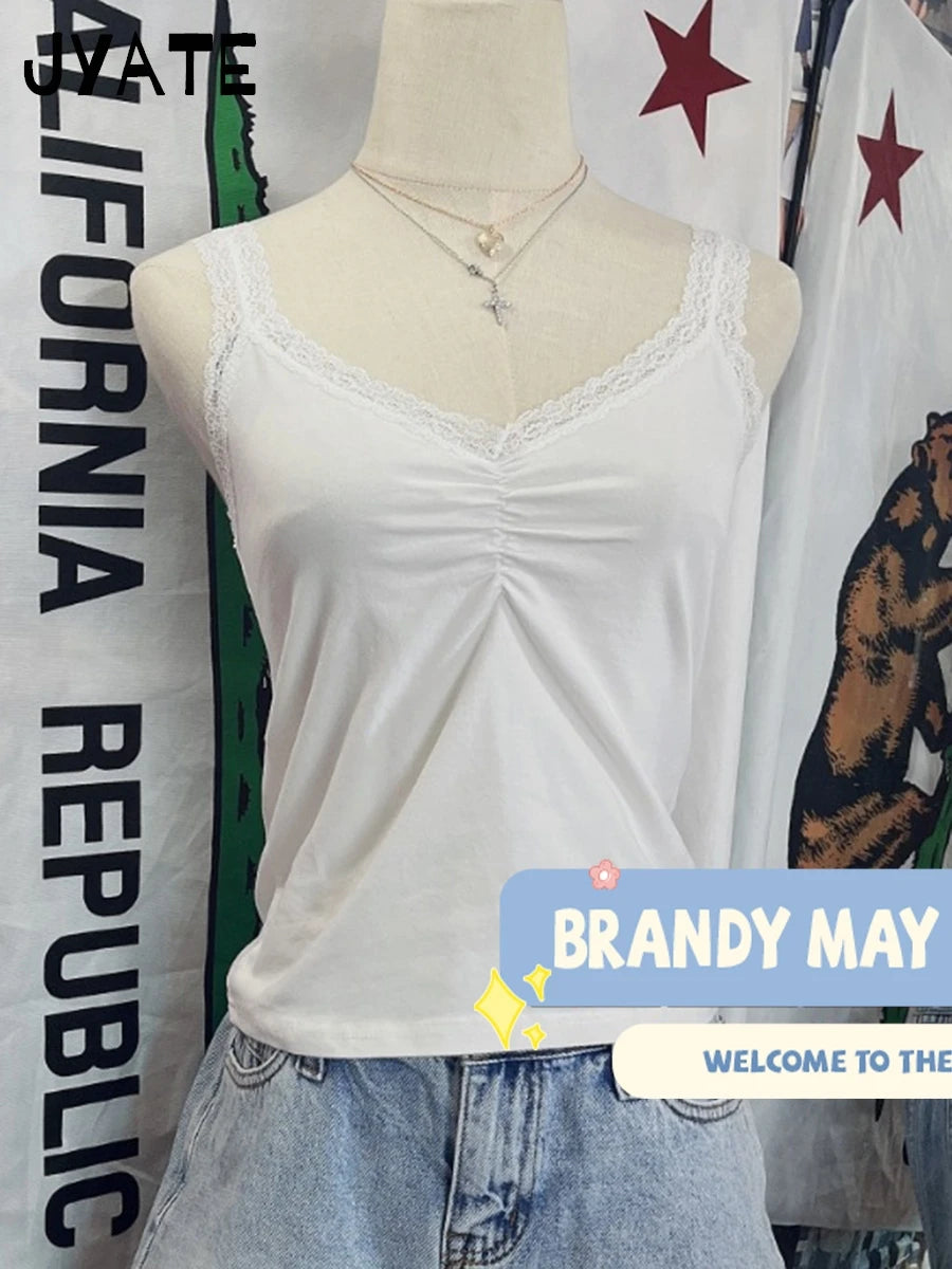 Lace Trim Pink V-neck Tank Tops Women Summer New Cotton Soft Sexy Streetwear Sleeveless Vests Sweet Vintage Casual Camisole Y2K