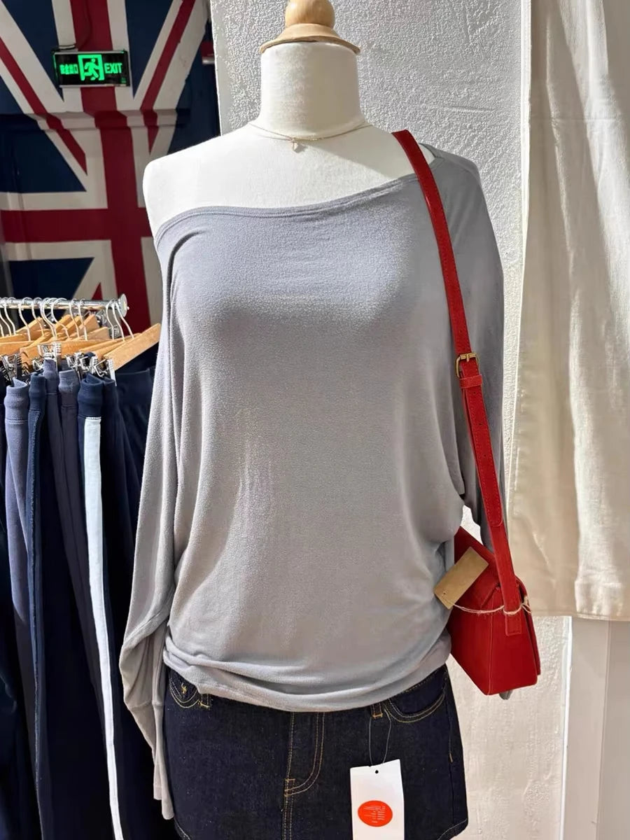 New Navy Long Batwing Sleeve T-shirts Woman Sweet Casual Slash Neck Cotton Tee Shirts Elegant Simple All-match Tshirts Y2k Tops