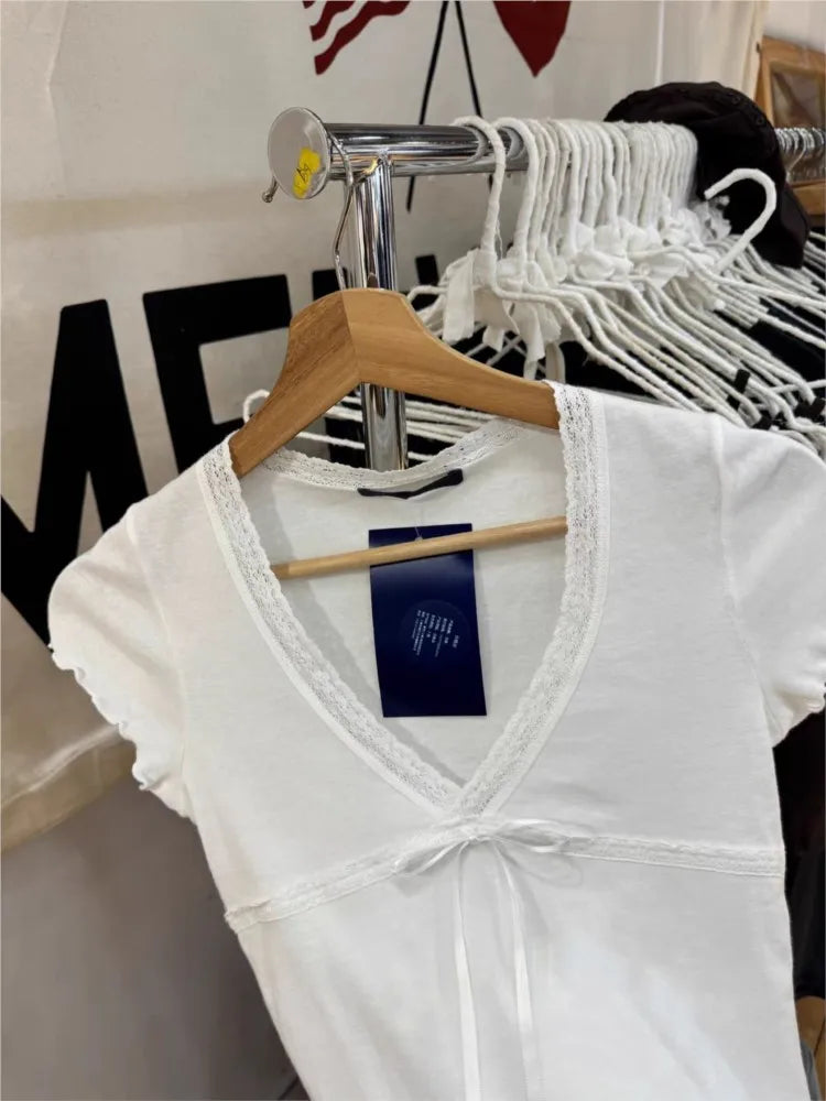 White Lace Trim Slim T-shirt Woman Summer Bow V-neck Fungus Short Sleeve Tee Shirts Female Causal Simple Sweet Cotton Crop Tops